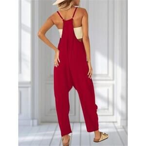 Women’s Casual Jumpsuit Summer Red Romper Sleeveless Loose Overalls with Pockets